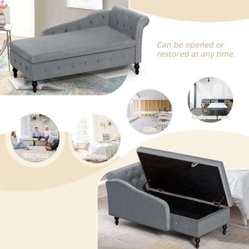 ACMEASE Upholstered Chaise Lounge with Right Armrest & Lumbar Pillow,Button Tufted Lounge Sofa with Storage,Lounge Chair Indoor,Modern Velvet Lounge Chair for Bedroom, Living Room and Office,Grey 7
