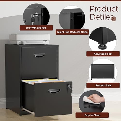 Kubohogar 2 Drawer File Cabinet with Lock,Black Metal Filing Cabinets,Vertical Locking File Cabinet Fit Hanging Files, Letter,File Box and A4 Documents (Black) 5