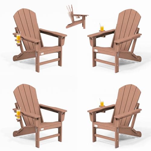Mdeam 3-Position Adjustable Adirondack Chairs Set of 4, 400LBS Capacity, Cup Holder, Wooden Textured, All-Weather HDPE Folding Fire Pit Outdoor Chairs for Poolside Deck Patio Garden Yard Lawn - Teak