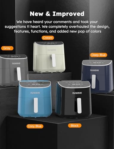 Nuwave Brio Plus 8 Qt Air Fryer, PFAS Free, New & Improved, Digital Touch Screen, Cool White Display, 50°F~400°F in Precise 5°, 5 Cook Functions, 100 Presets & 50 Memory, 3 Wattages 700, 1500, 1800 8