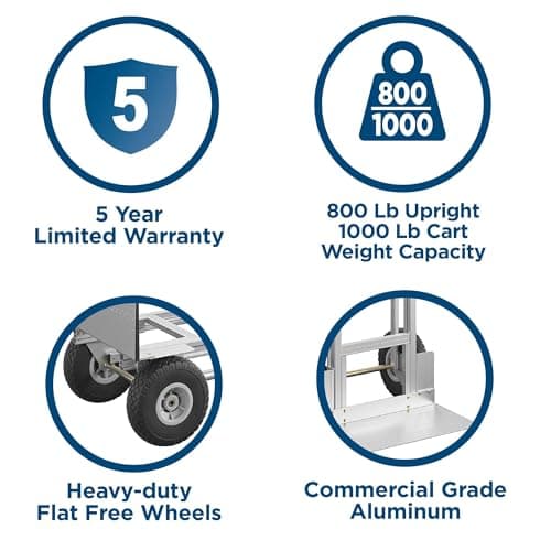 COSCO 3-in-1 Assist Series Aluminum Hand Truck/Cart with Flat Free Wheels, 800 lb/1000 lb Capacity, Silver 5