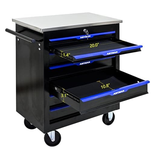 RYH 4/5/6/7 Drawers Rolling Tool Chest -Heavy Duty Mobile Metal Tool Box with Locking Wheels, with Stainless Steel Worktop, Garage Tool Storage Cabinet (Black-Blue, 7-Drawers 30.7" H×25.9" W) 8