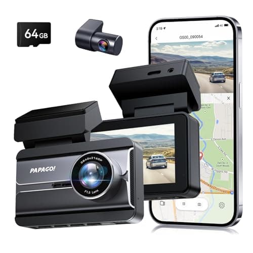 PAPAGO Dash Cam Front Rear, STARVIS Sensor 4K Full HD Dash Camera for Cars，Voice Control，5GHz Wi-Fi, Built-in GPS, Night Vision, WDR, G-Sensor, 64GB Card Included, 24H Parking Mode（G500）