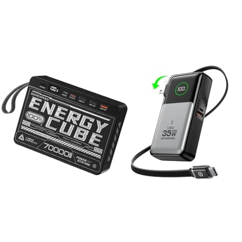 MOVE SPEED 3 in 1 Portable Phone Charger, 35w 10,000mAh with Built-in Retractable Cable and Foldable Wall Plug & 70000mAh Power Bank for Camping