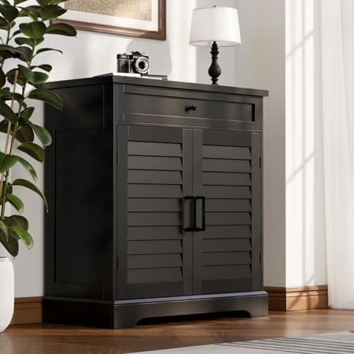 ChooChoo Shoe Cabinet with Doors, 4-Tier Shoe Storage Cabinet with Drawer and Shelves, Wooden Shoe Rack Organizer for Entryway, Hallway, Closet, Black