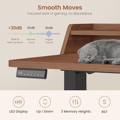 SEDETA Standing Desk with Storage, 55" Fluted Stand Up Desk with Power Outlets & LED Lights, Height Adjustable Table with Monitor Shelf for Home Office, Gaming, Brown 5