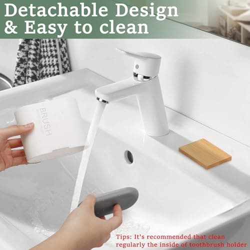 Toothbrush and Toothpaste Holder with Bamboo Divider for Bathroom Countertop Organizer, Detachable for Easy Clean, 2 Slots Electric Toothbrush Holders Storage Caddy Drainage for Family-White 3