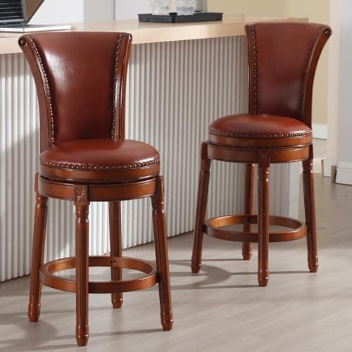 RAINMOOD High Back Swivel Bar Stool,Solid Wood Barstool with Full-Grain Genuine Leather, Barchair Counter Height Stool for Kitchen Island & Pub 2