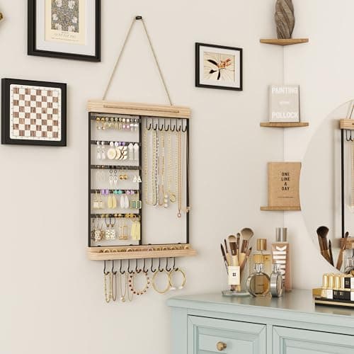 Feyejade Hanging Jewelry Organizer, 5-Tier Wall Earring Holder with Wooden Ring Groove, Jewelry Rack Wall Mounted for Earrings, Necklaces, Bracelets and Rings, Jewelry Holder Stand, Black 2