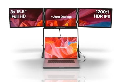Aura Displays Triple Aero 15.6” Pro Max | Premium Triple Portable Monitor Extender | Full Aluminum | Quad Screens | 3×15.6” FHD 1080P HDR IPS | USB-C & HDMI | Compatible with 11-18” Laptops