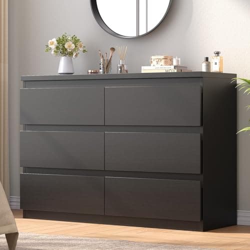 Jocoevol Black 6 Drawer Dresser for Bedroom, 15.3" D x 47.2" W x 32.3" H in Simply Modern Chest of Drawers, Wood Storage Double Dresser with Deep Drawers for Living Room, Hallway Entryway, Black