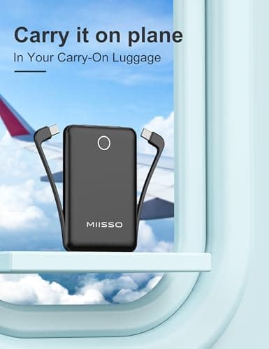miisso 10000mAh Compatible with iPhone 15/16/17 and Android, Slim Portable Charger with Built in Cable, Power Bank Travel Charger External Battery Pack for Phone, 3 Output USB Type C Cord, Black 6