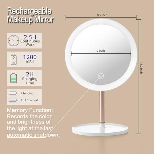 YEAKE Lighted Makeup Mirror,8.5" Large Rechargeable Vanity Mirror with 3 Color Lights,Dimmable Touch Screen, Brightness Adjustable Desk Tabletop Mirror,Portable Table Cosmetic Mirror for Travelling 5