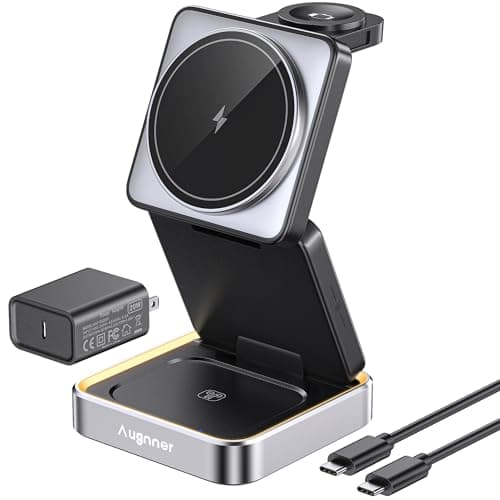 【2026 Upgraded】Wireless Charger 3 in 1, Foldable Wireless Charging Station with Night Light for Apple MagSafe Charger, Travel Magnetic Charger Stand, Nightstand Fast 15W Charging Station (20W Adapter)