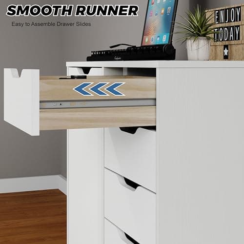 Panana 5-Drawer Chest with 1 Door, Wooden Chest of Drawers Storage Dresser Cabinet with Wheels, Office Organization and Storage, Bedroom Furniture (White-S) 6