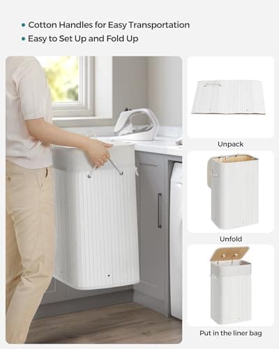 SONGMICS Foldable Laundry Hamper with Lid, 19 Gal. Bamboo Laundry Basket, Rectangular Storage Hamper with 3 Handles, 15.7 x 11.8 x 23.6 Inches, for Laundry Room, Bedroom, White ULCB010W01 5