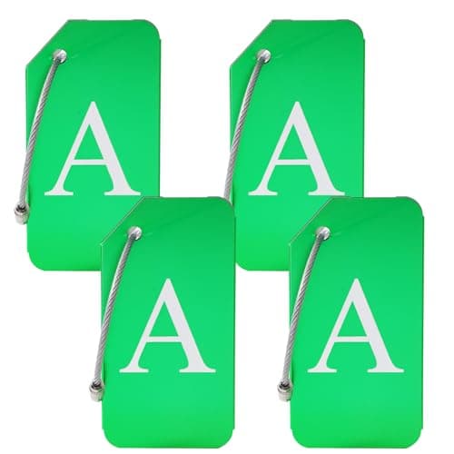 CHOIEO 4 Pcs Initial Aluminum Luggage Tags With Identification Cards & Metal Loops, Baggage ID, Travel Accessories (Green, A)