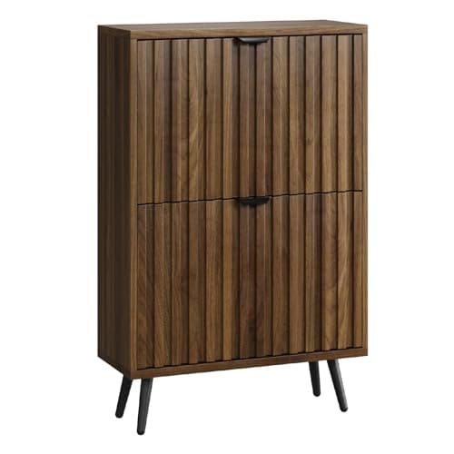 Smuxee Shoe Cabinet with 2 Flip Drawers, 23.6" Walnut Hidden Shoe Storage Cabinet with Fluted Design, Freestanding Shoe Organizer Cabinet for Entryway, Hallway, Closet, Living Room 9