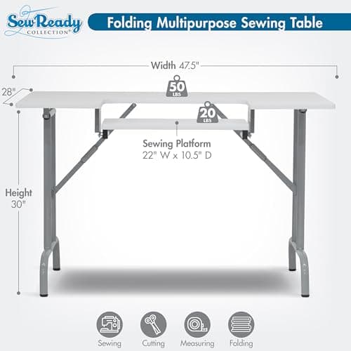 Sew Ready Folding Multipurpose Sewing Table - 47.5" W x 28" D Foldable White Hobby and Sewing Machine Table with Adjustable Shelf - Can Also Be Used as Computer Desk 2