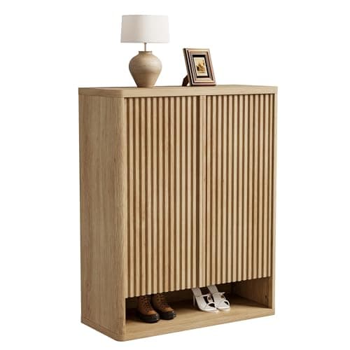 Garvee 31.5 Inch Shoe Cabinet, Large Shoe Storage Cabinet with Adjustable Shelves, Wooden Shoe Organizer with Fluted Door Holds 25–30 Pairs for Entryway & Living Room, Natural Wood 7
