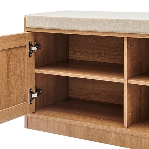 Wooden Shoe Storage Bench Organizer with Cushioned Seat & Adjustable Shelves for Entryway, Hallway, Living Room, or Bedroom, Rattan 8