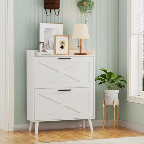 Homleke 32" W Farmhouse Shoe Storage Cabinet with 2 Flip Drawers and Barn Door Design, Adjustable Shelves, Modern Hidden Slim Narrow Shoe Rack Cabinet for Entryway, Foyer, Hallway, Living Room, White