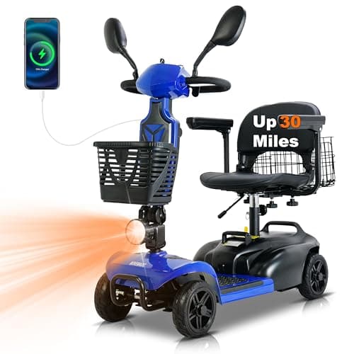 MOVEMAGIC 30 Miles Long Range 4 Wheel Electric Mobility Scooter, Foldable Travel Scooter for Adults with 350W Motor, 300 lb Capacity, 720Wh Battery, Dual Baskets (Blue, Modern Style)