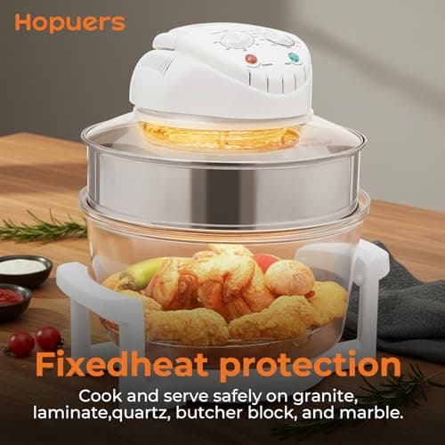 Hopuers 17L Turbo Air Fryer, Convection Oven, Oil-Less Electric Grill Roaster Bake Cooker, Portable Glass Air Fryer, Multifunction Cooker 360° Hot Air Fry/Roast, with Expansion Ring 5