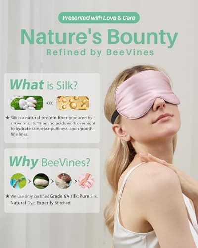 BeeVines 100% Real Mulberry Silk 2 Pack Sleep Mask, Natural Pure Silk Eye Masks with Adjustable Strap for Sleeping, 100% Block Light Eye Sleep Shade Cover, Reduces Puffy Eyes Traveling Gifts 7