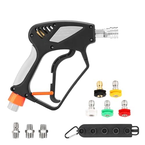 PWACCS Pressure Washer Gun with Swivel, Short Power Washer Gun with 3/8” Quick Connector, M22 14mm /15mm Fitting, 5 Pressure Washer Nozzle Tips with Holder, 5000 PSI Black