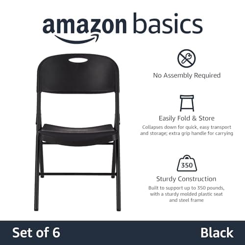 Amazon Basics Sturdy Foldable Plastic Chair, Portable, 350-Pound Capacity, Black, 6-Pack 4