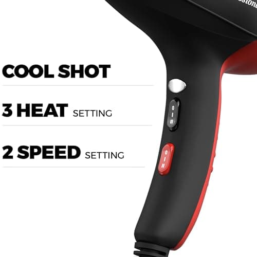 Professional Ionic Salon Hair Dryer, 2200 Watt Powerful AC Motor Ceramic Tourmaline Ion Blow Dryer, Quiet Hair Dryers with Diffuser & 2 Concentrator Nozzle Attachments Black/Red 6