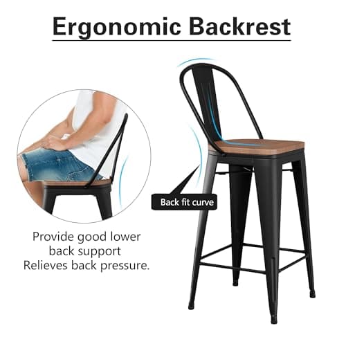 Alunaune 26" Swivel Metal Bar Stools Set of 4 High Back Counter Height Barstools Industrial Dining Bar Chairs with Large Wooden Seat-Matte Black 6