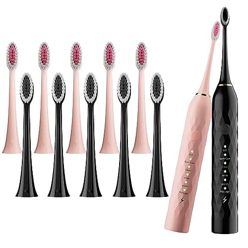 MAXWISDOM Electric Toothbrush 2 Pack - Electric Toothbrush for Adults with 10 Replacement Brush Heads, 2 Toothbrush Holders, 6 Modes, Smart Timer, 2 Hours Charge for 60 Days (Black & Pink) 8