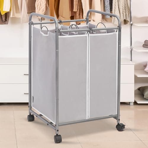 STORAGE MANIAC Laundry Sorter 2 Section, 90 L Gal Laundry Hamper with Wheels, Clothes Basket Separator Sorter, 2 Bag Clothes Cart with Wheels and Removable Bags for Closet, Dorm, Collage, Grey 2