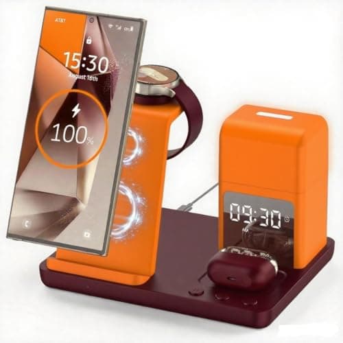 Wireless Charger for Samsung/Android, 6 in 1 Phone Nightstand Charging Station Charger with Alarm Clock/Night Light for Samsung S25/S24/S23 Ultra/Buds3,Watch Charger for Galaxy Watch 8/7/6/5-WClaret