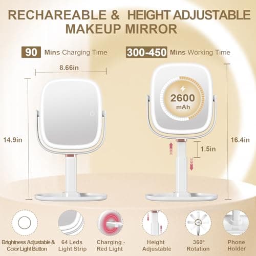 Mocado Makeup Mirror with Lights, 1X/20X Magnifying Mirror with Light, Vanity Mirror with 3 Colors Lights, Height Adjustable Lighted Makeup Mirror, Double Sided 360°Rotation, Memory Function (White) 5