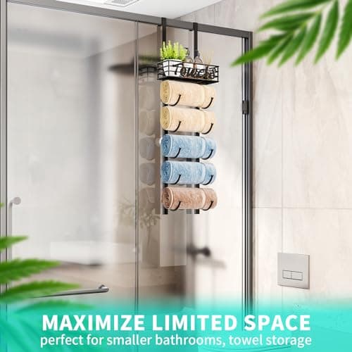 HapiRm Towel Racks for Bathroom Storage - 6 Tier Over The Door & Wall Mount Rolled Towel Storage Organizer Holder with Metal Shelf Basket for Small Bathroom, Camper, Rv - Black, Patented 6