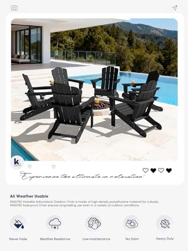 KINGYES Folding Adirondack Chair, HDPE All-Weather Patio Chairs, Wooden Textured Lawn Chair for Poolside, Backyard, Deck, Fire Pit, Black 11