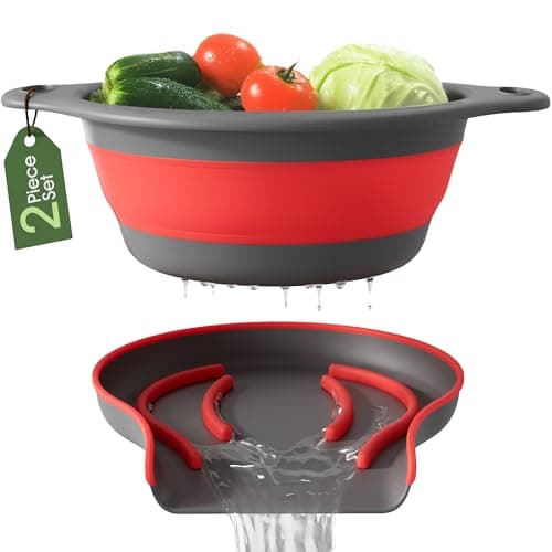 Gevoli Strainer with Self-Draining Base (5QT) Over-Sink Collapsible Kitchen Colander Set with Side-drain Base for Pasta Vegetables and Fruit, XL Large Capacity, Dishwasher Safe (5-Quart) Red/Gray