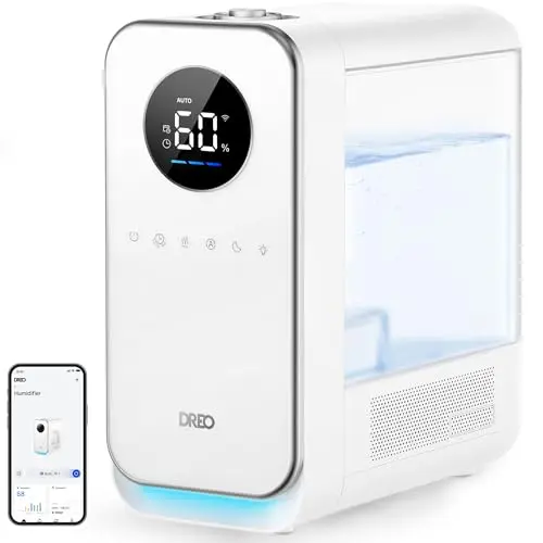 DREO Humidifiers for Bedroom, Top-filled Smart Quiet Cool Mist Humidifier for Large Room Home, Oil Diffuser & Nightlight, 50Hours Runtime for Indoor Plants, with Alexa/Google, White
