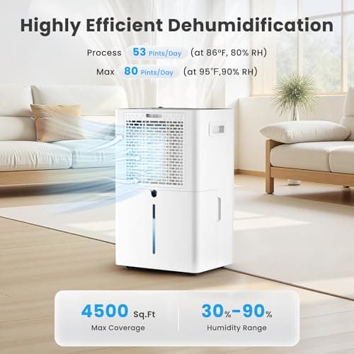 Candy 4500 Sq.Ft Dehumidifier for Basement,80 Pints Dehumidifiers for Home,Continuous/Sleep/Auto Mode,1.35 Gal Water Tank with Drain Hose,Portable & Wifi for Large Room,Bedroom,Bathroom,Garage,Laundry 2