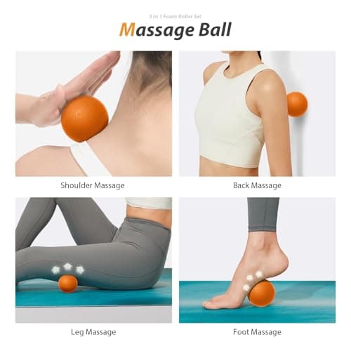 SUBCULTUREPICK 5-in-1 Foam Roller Set for Deep Tissue Muscle Massage, Trigger Point Fitness Tool with Muscle Stick Roller, Massage Ball, Stretching Strap for Whole Body (Orange-New) 5