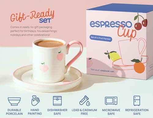 KooK Espresso Cups and Saucers, Hand Painted, Porcelain Demitasse Set with Colorful Fruit Patterns, Dishwasher & Microwave Safe, Holiday Gift, 3 oz, Set of 4 6