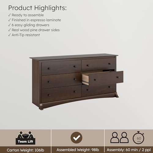 Prepac Sonoma 6-Drawer Double Dresser for Bedroom, Wide Chest of Drawers, Traditional Bedroom Furniture, 59" wide x 17.5" deep x 29" tall, Espresso 5