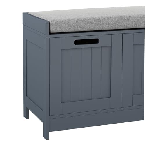 HOMEFORT Shoe Storage Bench, Wooden Shoe Bench with 3-Door Cabinets, Entry Way Home Organizer Bench, Entryway Bench with Padded Cushion Seat, Grey Storage Bench for Bedroom. 9