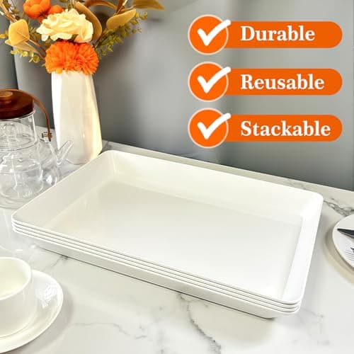 AMGBZT Serving Tray Platter, 4 Pack Food Tray for Veggie Fruit Snack Dessert Cookie Cheese, Food Trays for Party Supplies Display, Plastic Platters for Serving Food, Large White Trays, BPA Free 7