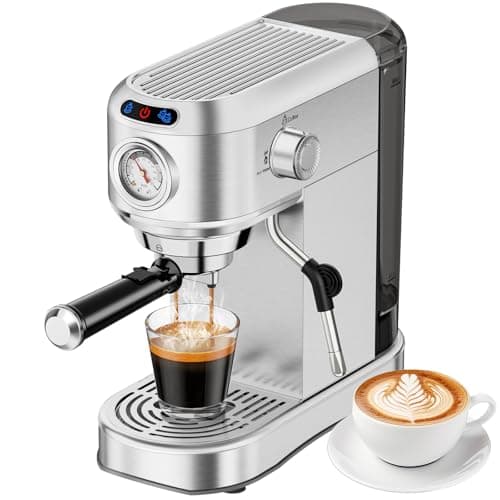 ANYCOLD Espresso Machine 20 Bar, Compact Espresso Maker, Stainless Steel Expresso Coffee Machines with Steam Milk Frother & 34oz Removable Water Tank for Cappuccino, Latte, Home Office Use, Silver