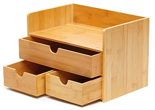 RoyalHouse Premium Natural Bamboo Desktop Organizer, Attractive Design 3 Tier, Table Top Storage for Documents & Office Supplies, Accessories And More, No Assembly Required (3 Drawer with Shelf) 6