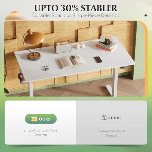 DEVAISE 55 x 28 Inch Electric Standing Desk, One-Piece Desktop Seamless Adjustable Height Table, Sit to Stand Desk with Adjustable Height, 3 Preset Memory Sit Stand up Desk for Home, Office (White) 5